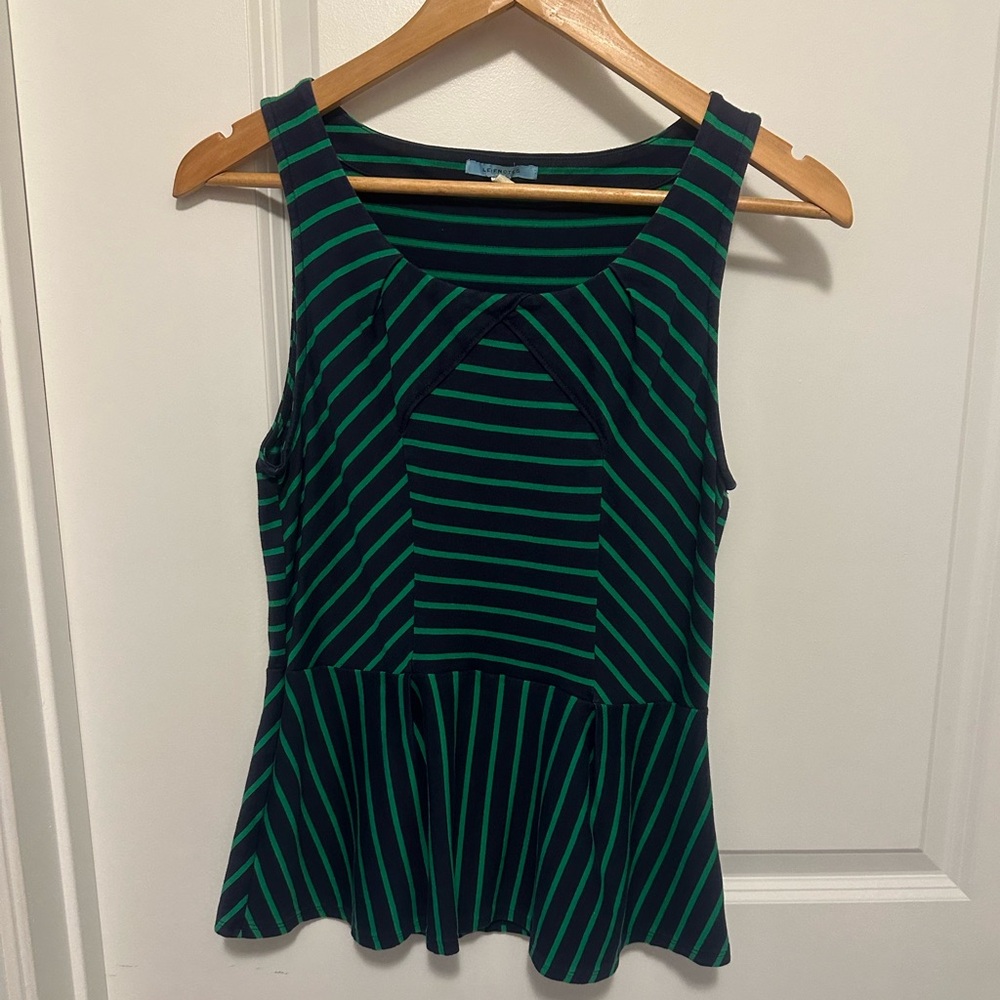 Leifnotes women’s small navy & green stripe sleeveless peplum knit top.